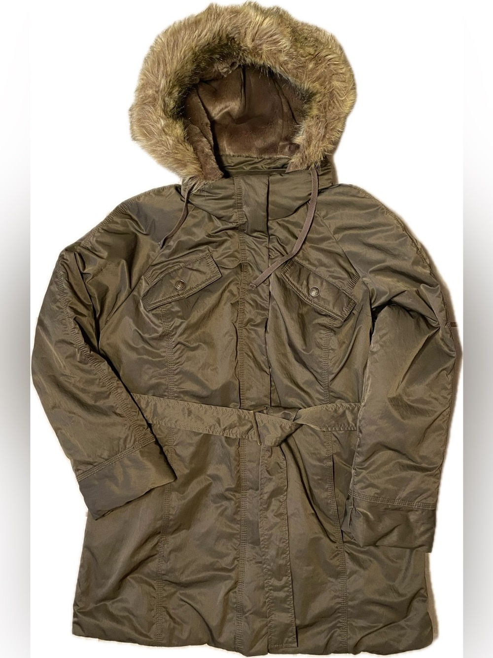 Old Navy Olive Hooded Military Field Coat with Faux-Fur Trim